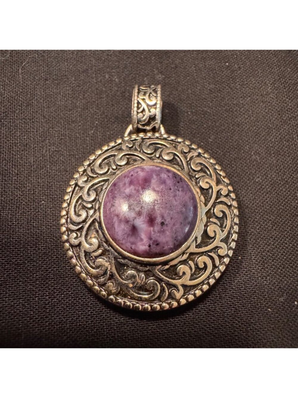 Sterling Silver 925 Charoite Bezel Set Scroll Circle Pendant Size 1.5" Length